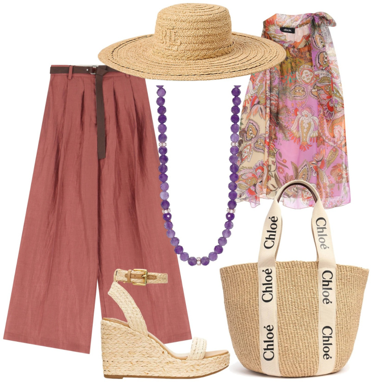 Outfit donna - Colorato sofisticato. Stile Casual chic per Tutti i giorni. Abbinamento con collane, top, pantaloni, zeppe, cappelli, shopping bag.
