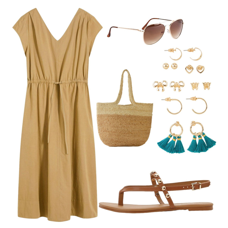 Outfit donna - Sabbia dorata!. Stile Casual per Tutti i giorni. Abbinamento con vestiti, occhiali da sole, ciabatte, orecchini, shopping bag.