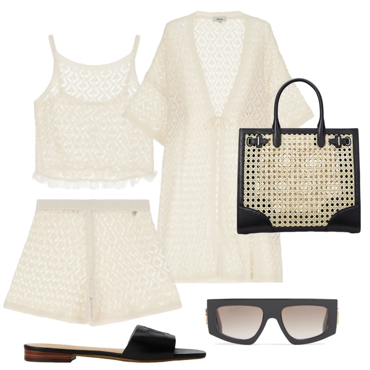 Outfit donna - Completo traforato lungomare. Stile Casual chic per Tutti i giorni. Abbinamento con shorts, top, trench, ciabatte, borse tote, occhiali da sole.