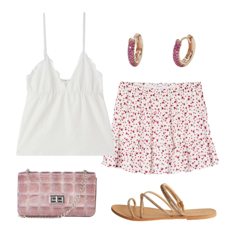 Outfit donna - Sbarazzina!. Stile Minimal per Mare. Abbinamento con minigonne, borse a tracolla, canottiere, sandali, orecchini.
