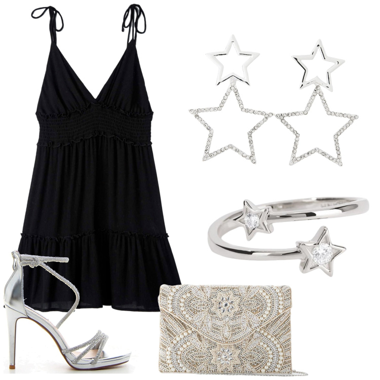 Outfit donna - Like a star. Stile Chic per Serata fuori. Abbinamento con pochette, vestiti, orecchini, anelli, sandali col tacco.