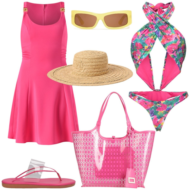 Outfit donna - In spiaggia. Stile Sexy per Mare. Abbinamento con borse a mano, ciabatte, vestiti corti, cappelli, costumi interi, occhiali da sole.