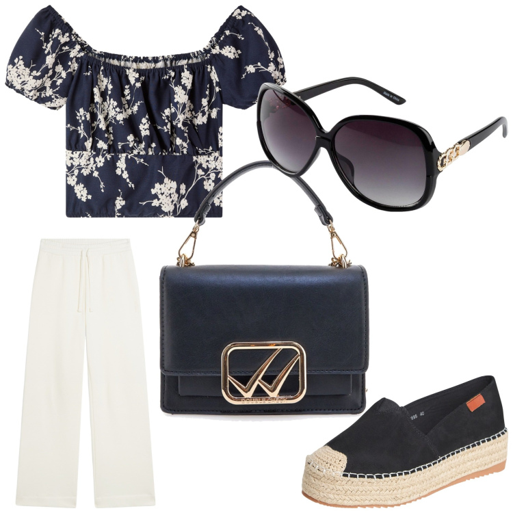 Outfit donna - 4 passi. Stile Casual chic per Tutti i giorni. Abbinamento con occhiali da sole, bluse, espadrillas, pantaloni, borse a tracolla.