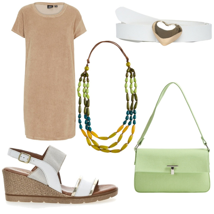 Outfit donna - Un tocco di verde. Stile Bon Ton per Tutti i giorni. Abbinamento con vestiti lunghi, cinture, borse a spalla, collane, sandali.