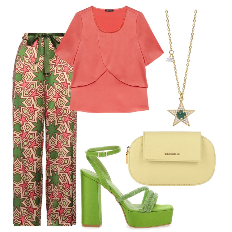 Outfit donna - I pantaloni con le stelle. Stile Bon Ton per Serata fuori. look ideale per Petite. Abbinamento con pantaloni, borse a mano, collane, bluse, sandali col tacco.
