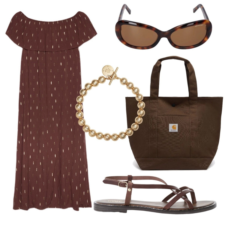 Outfit donna - Il vestito color cacao. Stile Bon Ton per Ufficio. Abbinamento con sandali, braccialetti, vestiti lunghi, borse tote, occhiali da sole.