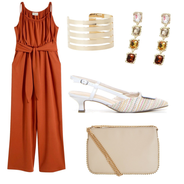Outfit donna - Un\'aranciato perfavore. Stile Casual chic per Cerimonia. Abbinamento con tute, borse a tracolla, orecchini, braccialetti, décolleté.
