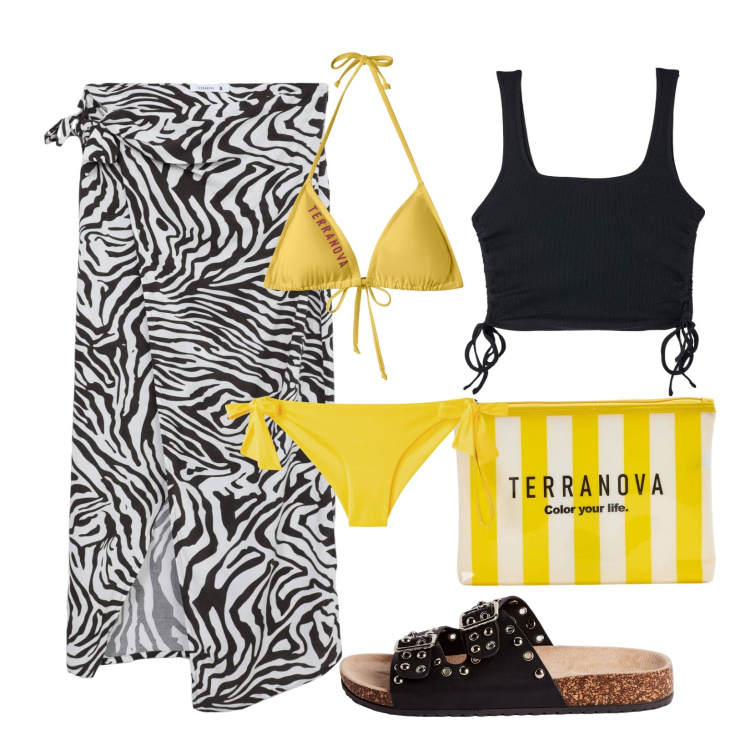 Outfit donna - In spiaggia!. Stile Trendy per Mare. Abbinamento con bikini, canottiere, vestiti da spiaggia, ciabatte, bikini, pochette.