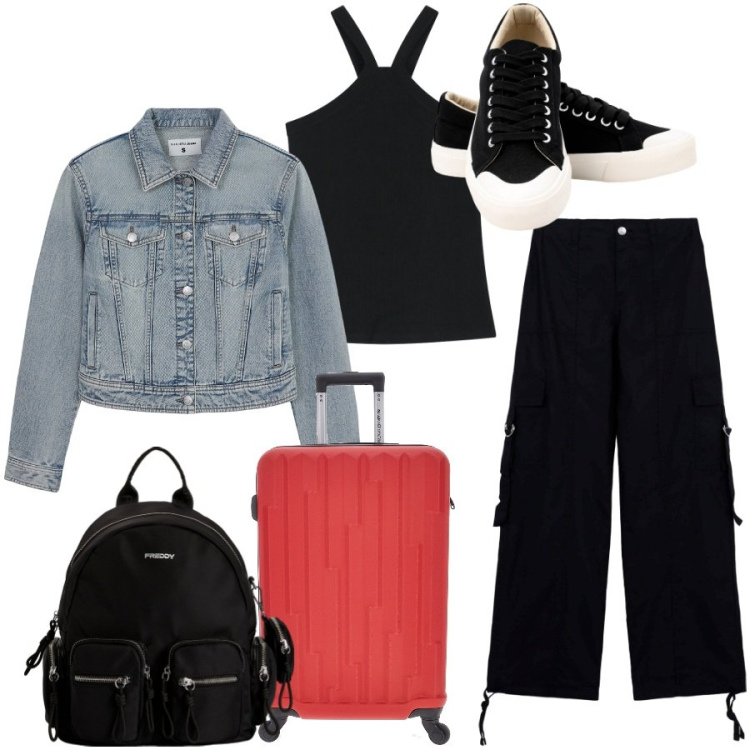 Outfit donna - Vacanze studio. Stile Casual per Tutti i giorni. Abbinamento con pantaloni cargo, blazer, top, zaini, valigie, sneakers.