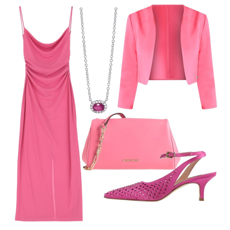 Outfit donna - Cerimonia in fucsia. Stile Chic per Cerimonia. Abbinamento con borse a tracolla, décolleté, collane, bolero, vestiti.
