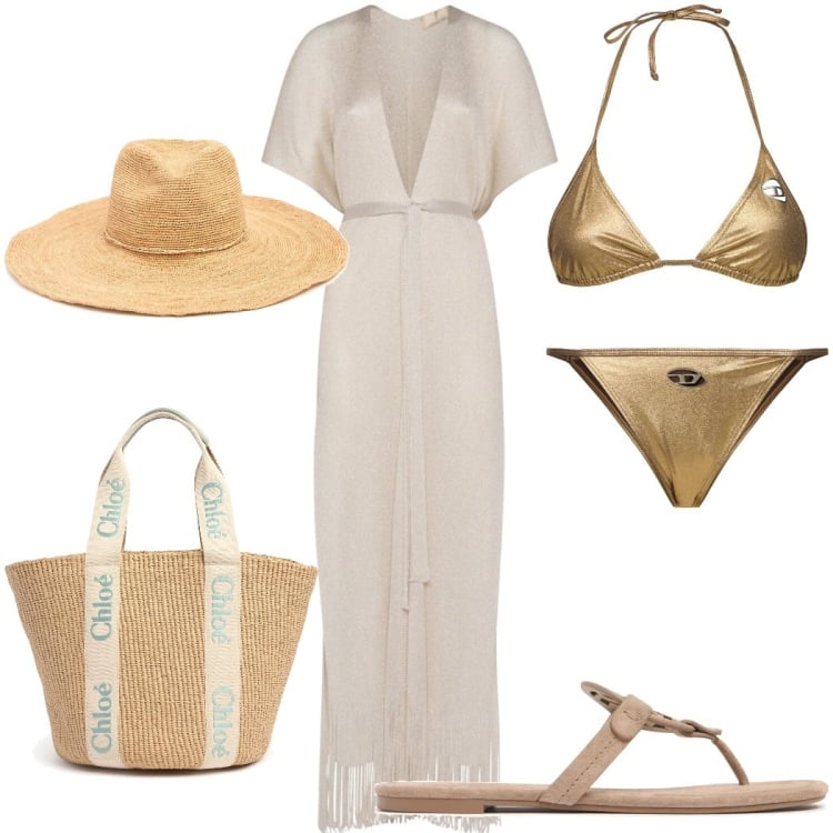 Outfit donna - Summer LVR. Stile Chic per Mare. Abbinamento con vestiti da spiaggia, bikini, ciabatte, bikini, shopping bag, cappelli.