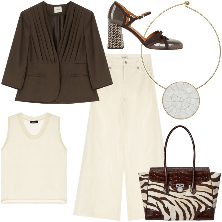 Outfit donna - Dettagli chic. Stile Chic per Cerimonia. Abbinamento con collane, décolleté, top, blazer, pantaloni, borse a mano.
