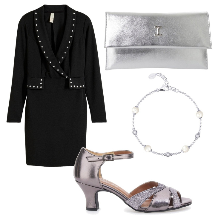 Outfit donna - Nero e argento. Stile Bon Ton per Cerimonia. Abbinamento con vestiti corti, braccialetti, pochette, décolleté.