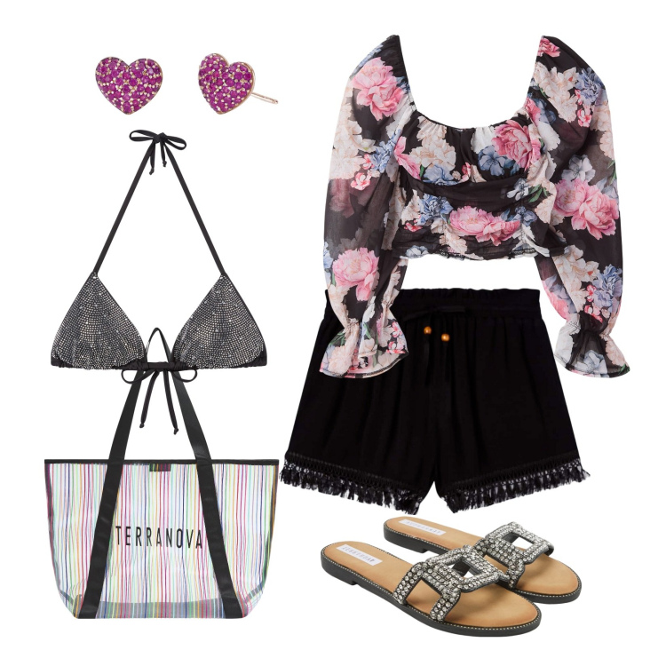 Outfit donna - Terranova Summer Vibes!. Stile Casual per Mare. Abbinamento con ciabatte, bluse, shorts, bikini, shopping bag, orecchini.