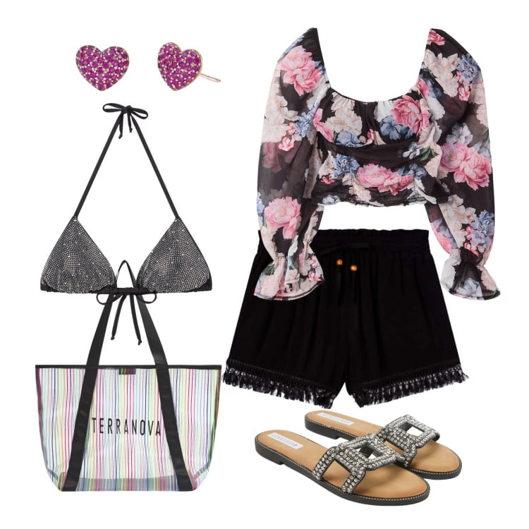 Outfit donna - Terranova Summer Vibes!. Stile Casual per Mare. Abbinamento con ciabatte, bluse, bikini, shorts, shopping bag, orecchini.