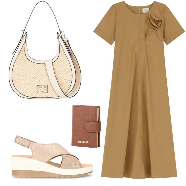Outfit donna - Abito a giugno. Stile Casual chic per Ufficio. Abbinamento con borse a mano, portafogli, vestiti lunghi, sandali col tacco.