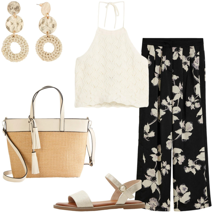 Outfit donna - Outfit per tutti i giorni con 118 €. Stile Trendy per Tutti i giorni. Abbinamento con orecchini, pantaloni a palazzo, top, shopping bag, sandali.