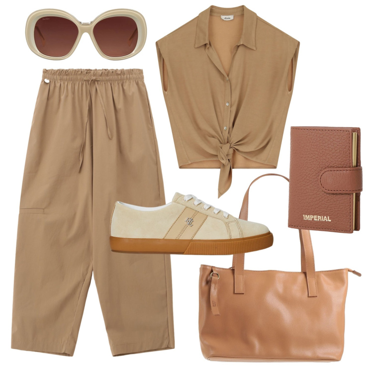 Outfit donna - Tempo libero color biscotto. Stile Urban per Tutti i giorni. Abbinamento con borse a mano, occhiali da sole, portafogli, pantaloni corti, camicie, sneakers.