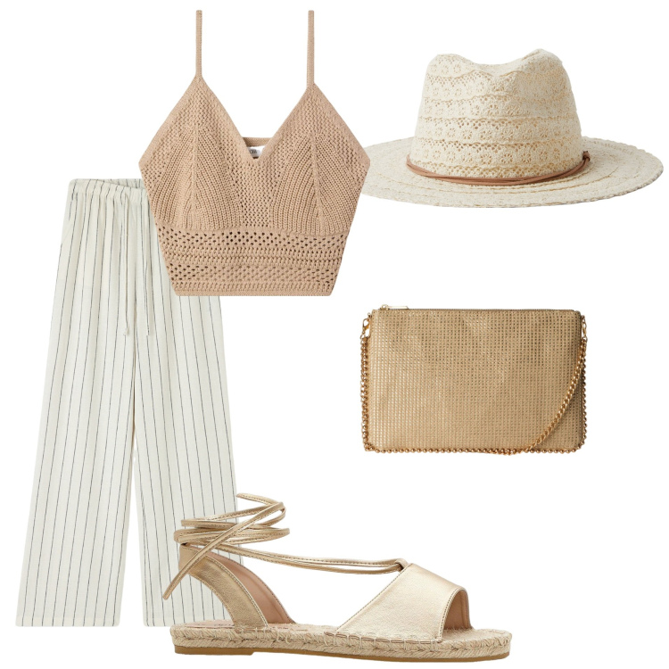 Outfit donna - Passeggiata al tramonto. Stile Romantica per Tutti i giorni. Abbinamento con sandali, pantaloni, top, borse a tracolla, cappelli.