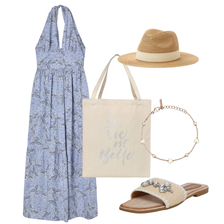 Outfit donna - In città!. Stile Minimal per Mare. Abbinamento con ciabatte, borse tote, cappelli, vestiti, braccialetti.