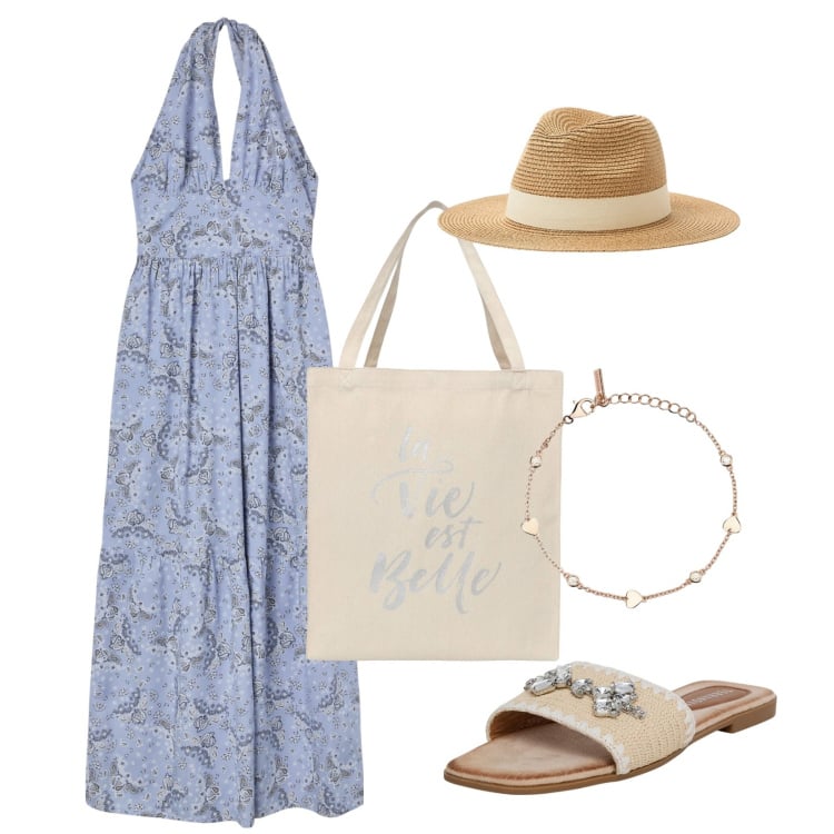 Outfit donna - In città!. Stile Minimal per Mare. Abbinamento con borse tote, vestiti, ciabatte, cappelli, braccialetti.