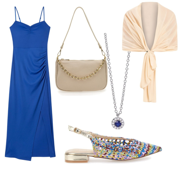 Outfit donna - Blu chic. Stile Casual chic per Cerimonia. Abbinamento con vestiti lunghi, scialli, collane, ballerine, borse a tracolla.