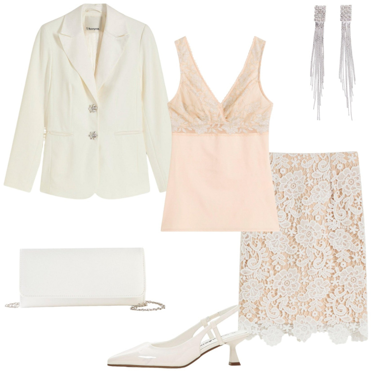 Outfit donna - Cerimonia a giugno con Bonprix. Stile Chic per Cerimonia. Abbinamento con blazer, pochette, orecchini, top, gonne, décolleté.