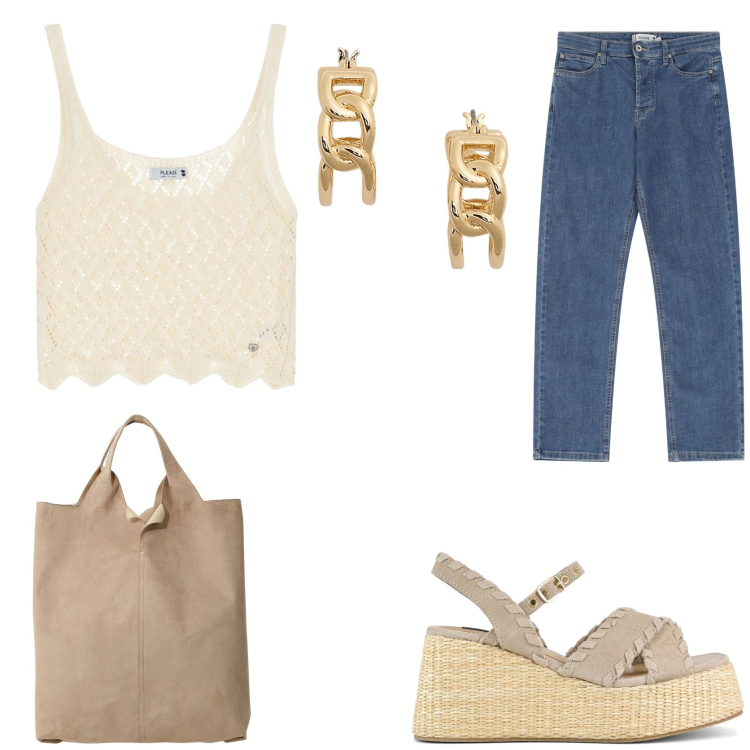 Outfit donna - Estate in libertà. Stile Casual per Tutti i giorni. Abbinamento con jeans dritti, top, shopping bag, orecchini, zeppe.