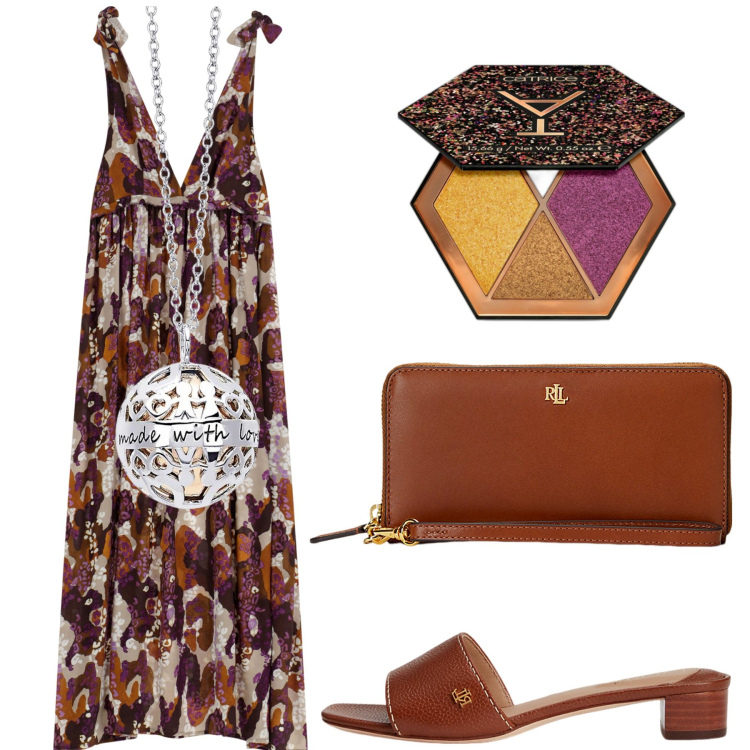 Outfit donna - Cuoio. Stile Romantica per Tutti i giorni. look ideale per Premaman. Abbinamento con ombretti, collane, vestiti lunghi, sandali in pelle, pochette.