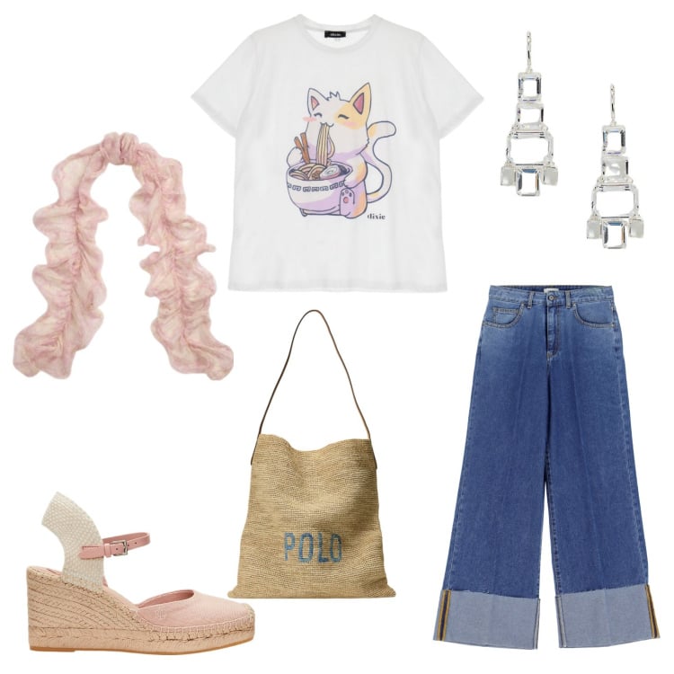 Outfit donna - Total look #2186316. Stile Sporty chic per Tutti i giorni. Abbinamento con jeans, t-shirt, espadrillas, foulard, orecchini, borse tote.