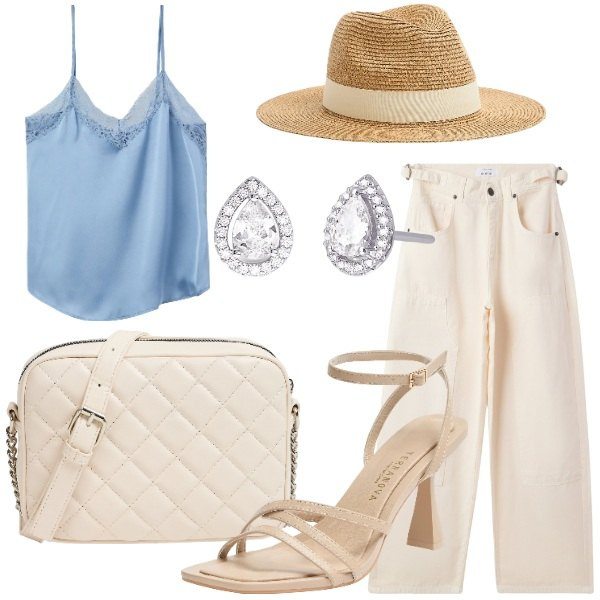 Outfit donna - Terranova - Summer Vibes. Stile Casual chic per Tutti i giorni. Abbinamento con pantaloni, cappelli, top, sandali col tacco, borse a tracolla, orecchini.