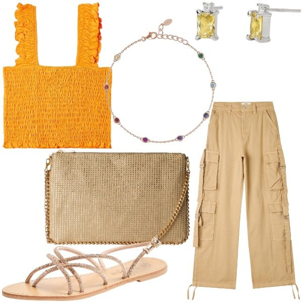 Outfit donna - Summer Vibes Terranova. Stile Glamour per Serata fuori. Abbinamento con pantaloni cargo, sandali, top, borse a tracolla, braccialetti, orecchini.
