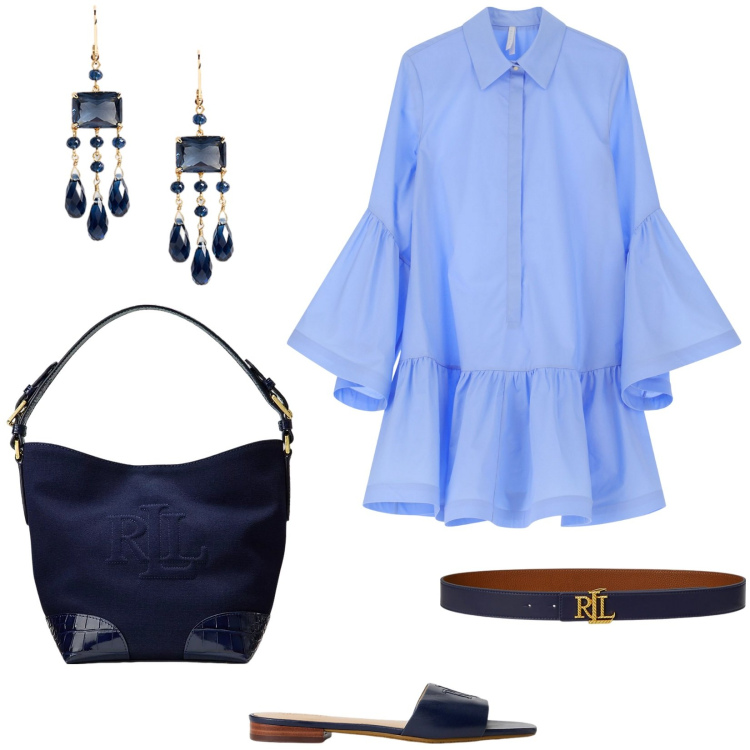 Outfit donna - L\'abito chemisier. Stile Casual per Serata fuori. Abbinamento con vestiti chemisier, ciabatte, borse a secchiello, cinture, orecchini.