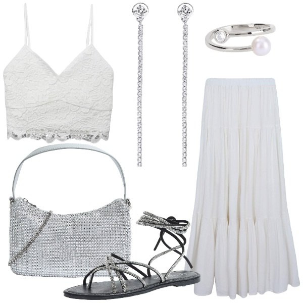 Outfit donna - Terranova Summer Vibes. Stile Glamour per Serata fuori. Abbinamento con gonne lunghe, canottiere, borse a tracolla, sandali alla schiava, anelli, orecchini.