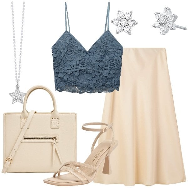 Outfit donna - Terranova Summer. Stile Glamour per Serata fuori. Abbinamento con gonne lunghe, shopping bag, top, sandali col tacco, orecchini, collane.