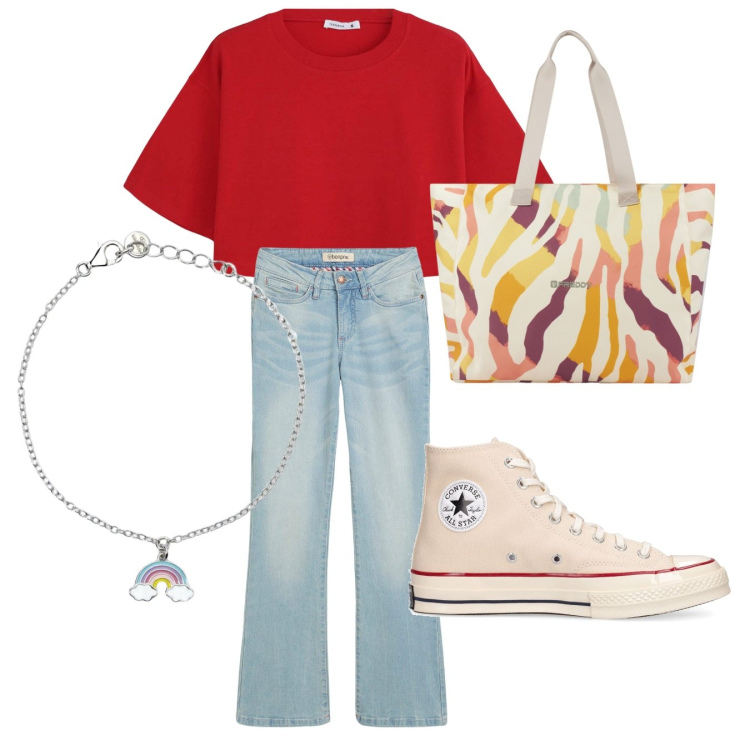 Outfit donna - Comoda in jeans. Stile Sporty chic per Tutti i giorni. Abbinamento con jeans bootcut, t-shirt, braccialetti, shopping bag, sneakers.