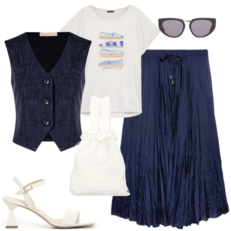 Outfit donna - Estate in città. Stile Minimal per Tutti i giorni. Abbinamento con gilet, gonne lunghe, t-shirt, borse a mano, occhiali da sole, sandali col tacco.