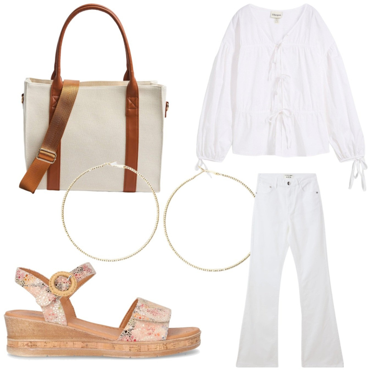 Outfit donna - Vado in bianco. Stile Bon Ton per Tutti i giorni. Abbinamento con bluse, jeans a zampa, shopping bag, orecchini, sandali.