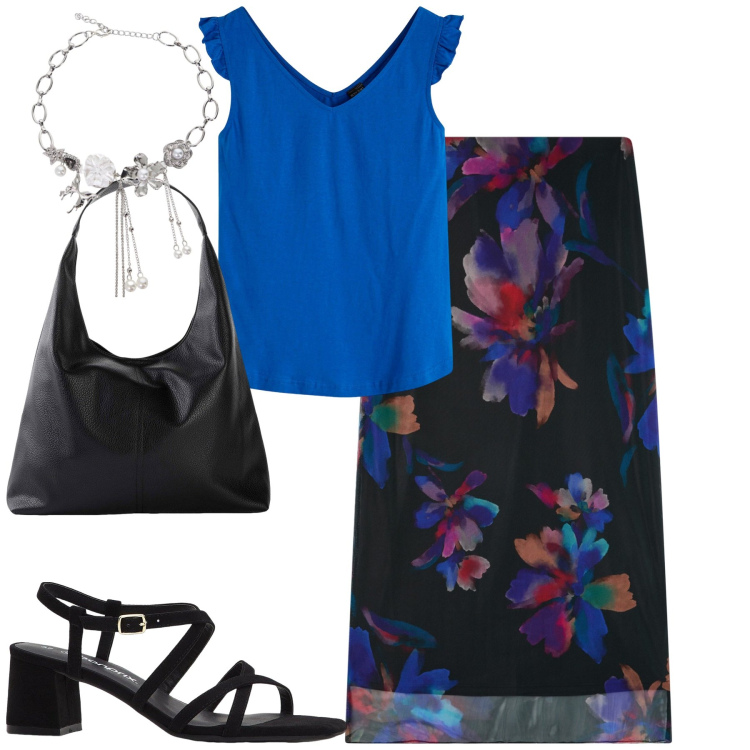 Outfit donna - City. Stile Urban per Tutti i giorni. Abbinamento con top, shopping bag, sandali col tacco, gonne lunghe, collane.