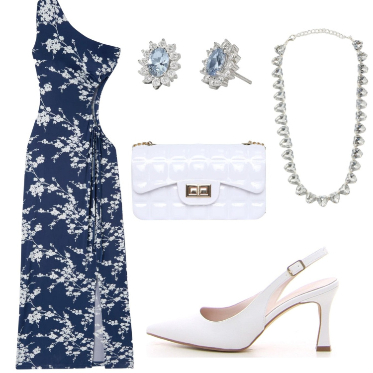 Outfit donna - Raffinata libera. Stile Casual chic per Cerimonia. Abbinamento con vestiti asimmetrici, collane, borse a tracolla, orecchini, décolleté.