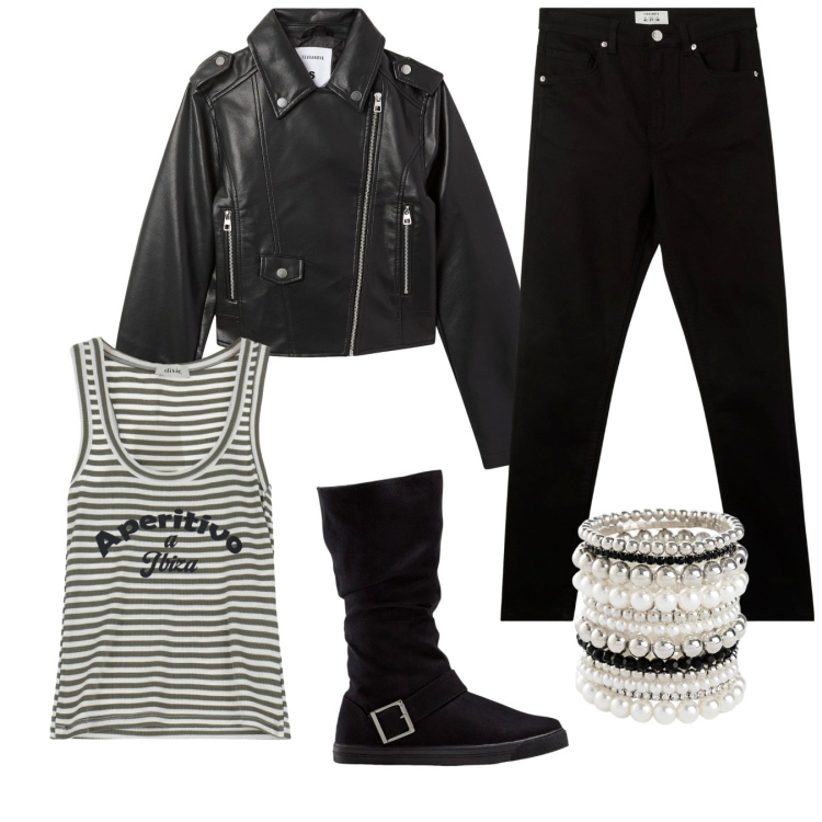 Outfit donna - Black is black. Stile Sporty chic per Serata fuori. Abbinamento con braccialetti, stivali, pantaloni skinny, giacche, canottiere.
