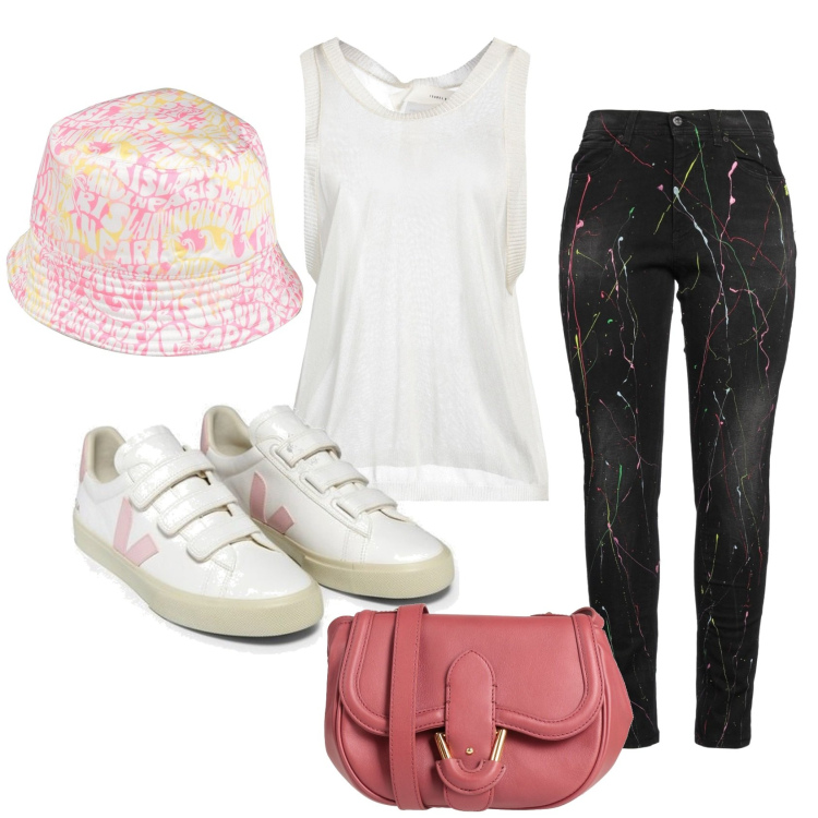 Outfit mujer - Casual #6935. Estilo Casual para Todos los días. Combinación con vaqueros slim fit, top, sneakers, sombreros, bandoleras.