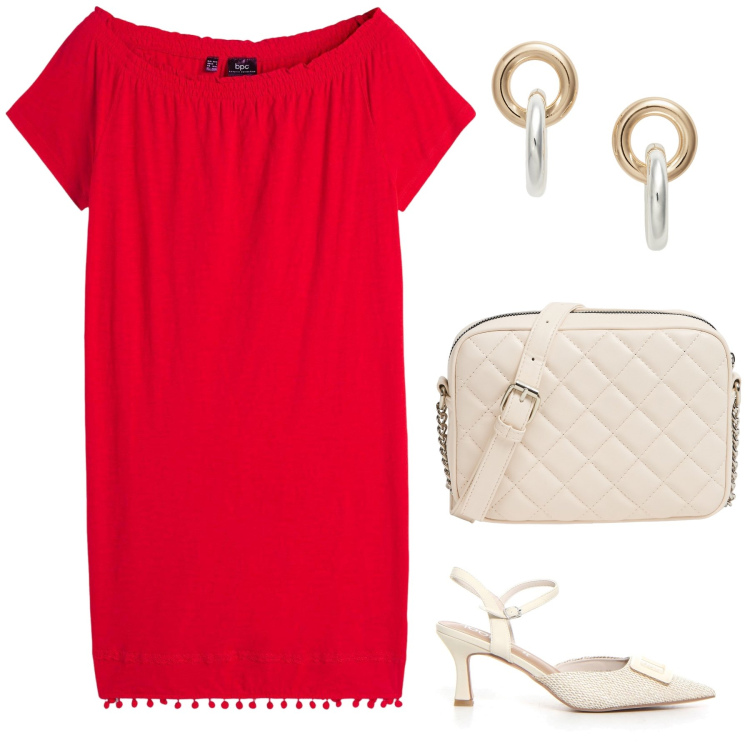 Outfit donna - Un abito corallo accende l estate. Stile Chic per Ufficio. Abbinamento con vestiti, borse a tracolla, orecchini, sandali col tacco.