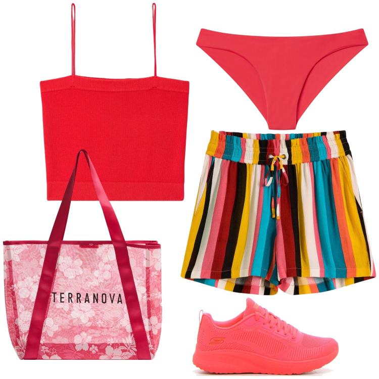Outfit donna - Un arcobaleno corallo. Stile Trendy per Tutti i giorni. Abbinamento con pantaloni corti, top, shopping bag, bikini, sneakers.