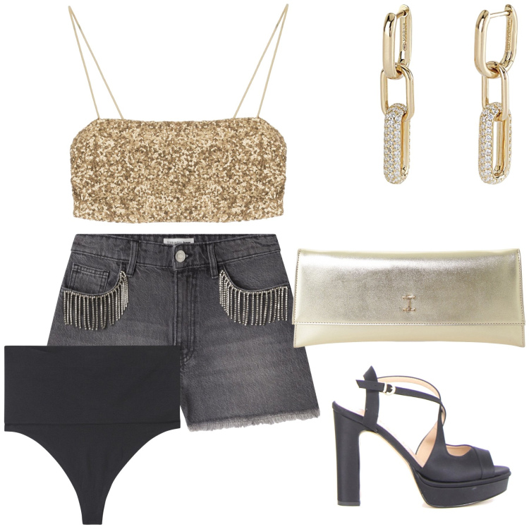 Outfit donna - Disco anni 80. Stile Vintage retrò per Serata fuori. Abbinamento con shorts, perizomi, orecchini, pochette, top, sandali col tacco.
