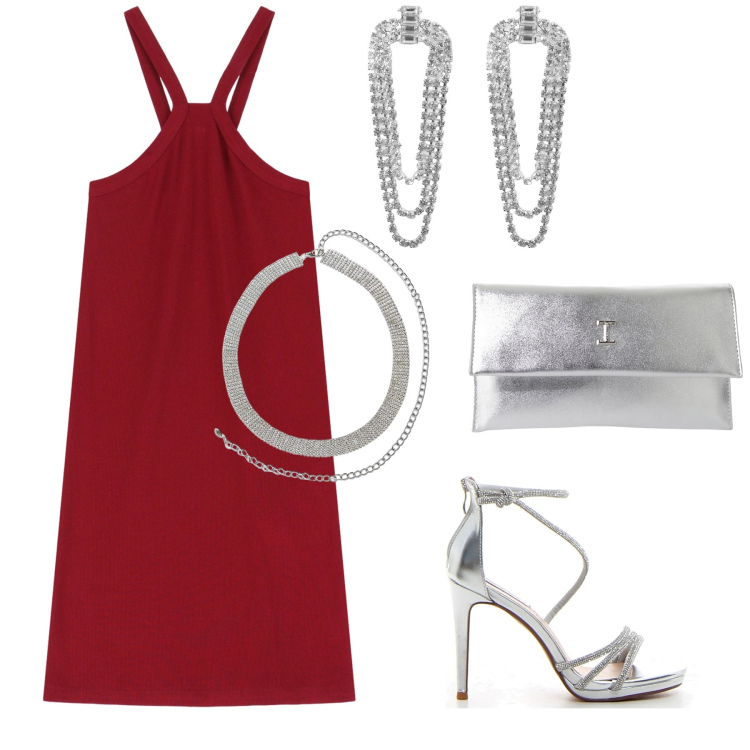 Outfit donna - Abito basico intrecci di stile. Stile Minimal per Serata fuori. Abbinamento con cinture, orecchini, pochette, vestiti corti, sandali col tacco.
