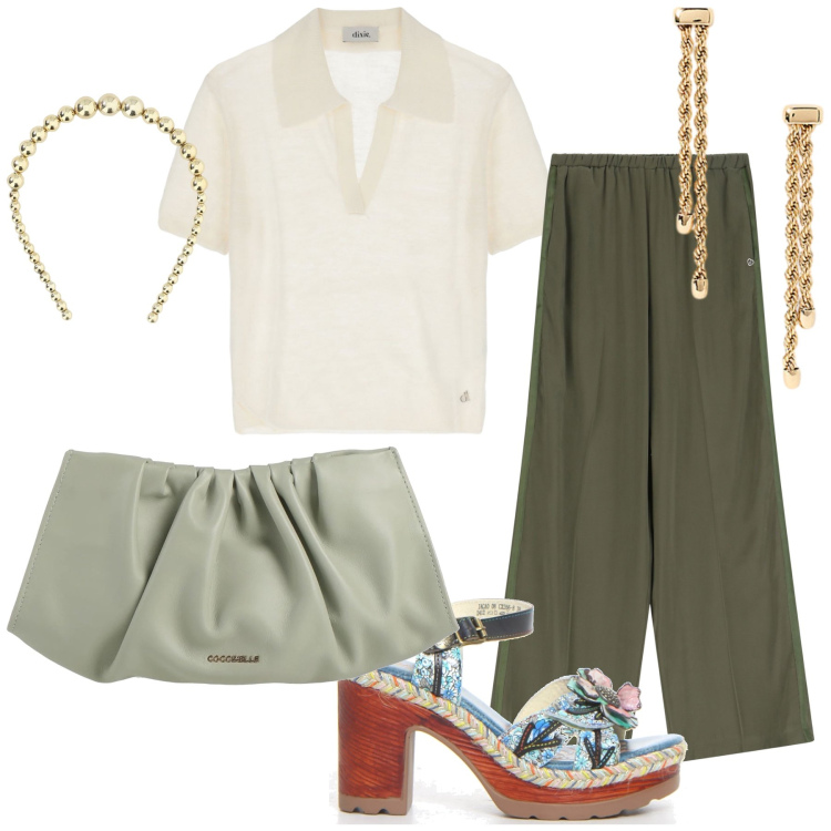 Outfit donna - Accessori che accendono il look. Stile Chic per Ufficio. Abbinamento con borse a mano, pantaloni, maglieria, cerchietti, orecchini, sandali col tacco.