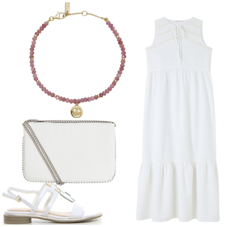 Outfit donna - Bianco. Stile Casual chic per Serata fuori. Abbinamento con vestiti midi/longuette, borse a tracolla, braccialetti, sandali.