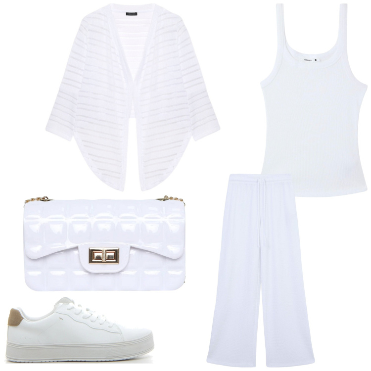 Outfit donna - Total bianco. Stile Casual per Serata fuori. Abbinamento con pantaloni, canottiere, borse a tracolla, bolero, sneakers.