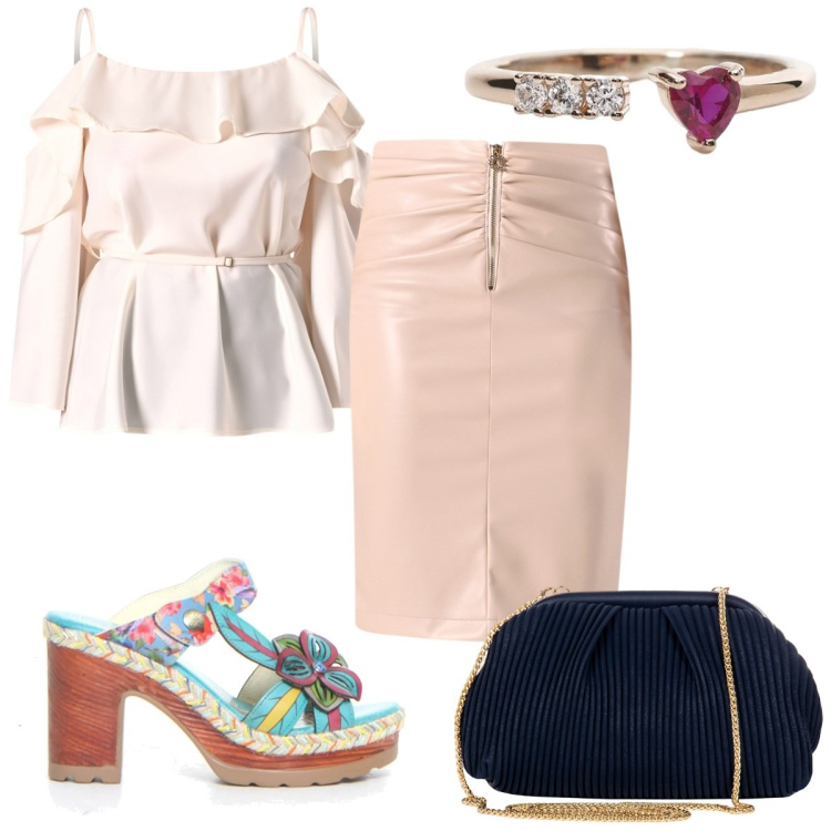 Outfit donna - Sensuale e raffinata con le spalle scope. Stile Glamour per Tutti i giorni. Abbinamento con pochette, gonne, bluse, anelli, ciabatte.